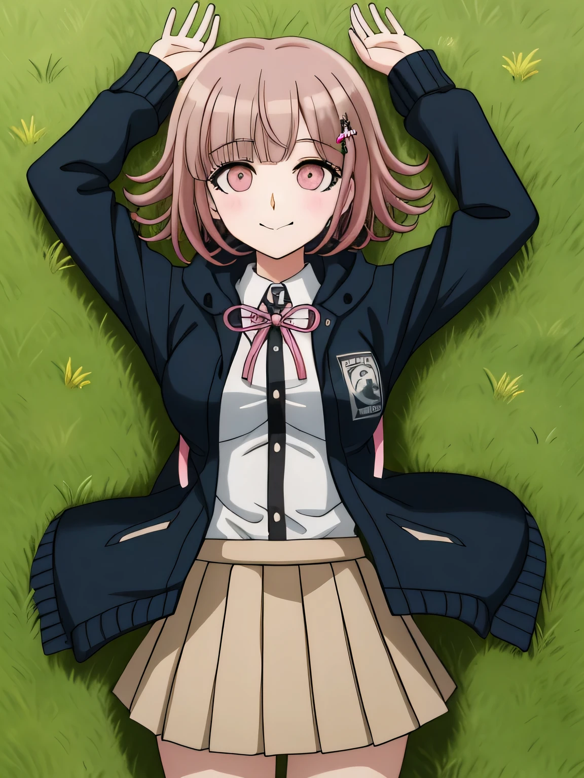 1girl, solo, hair ornament, shirt, jacket, ribbon, skirt, dress shirt, pink ribbon, open clothes, pleated skirt, white shirt, neck ribbon, collared shirt, hood, open jacket, looking at viewer, black jacket, long sleeves, shirt tucked in, brown skirt, hairclip, solo, on grass, on back, arms up, spread arms, cowboy shot, closed mouth, two-tone shirt, hooded jacket, breasts, medium hair, smile,