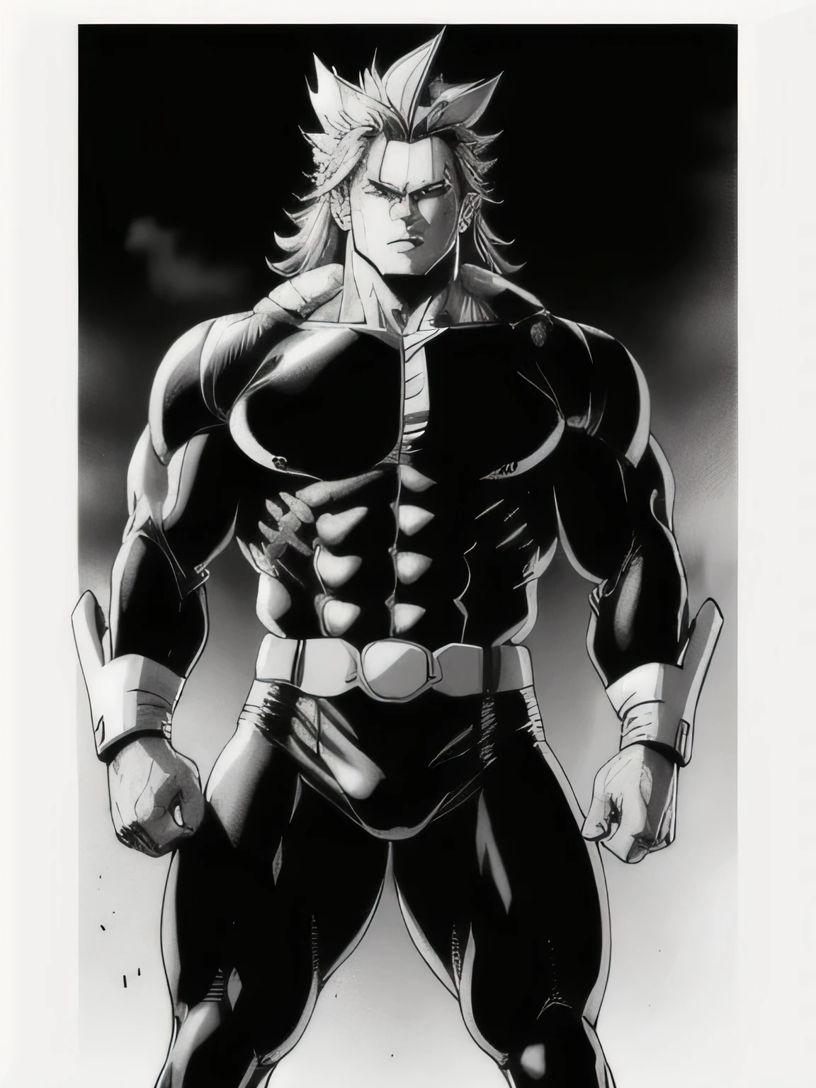 best quality, high resolution, manga, monochrome, handwritten style, allmight, hunk, black bodysuit, wet clothes, from front, only lower body,