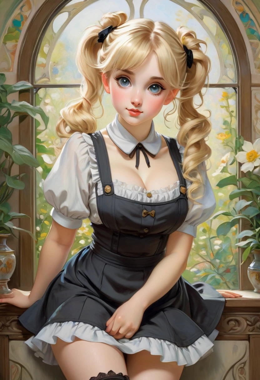 Cute Maid With Blonde Hair, Big Eyes, Adorable Features, Natural Hourglass Figure, Wearing Pigtails, Fair Skin, And A Low-Cut/Tight Top With A Mini Skirt, Resembling The Beauty Of Alphonse Mucha's Artwork And Impressionist Paintings By Artists Like Konstantin Razumov And Pierre-Auguste Renoir. The Portrait Is Detailed And Textured, Reminiscent Of Claude Monet's Style.