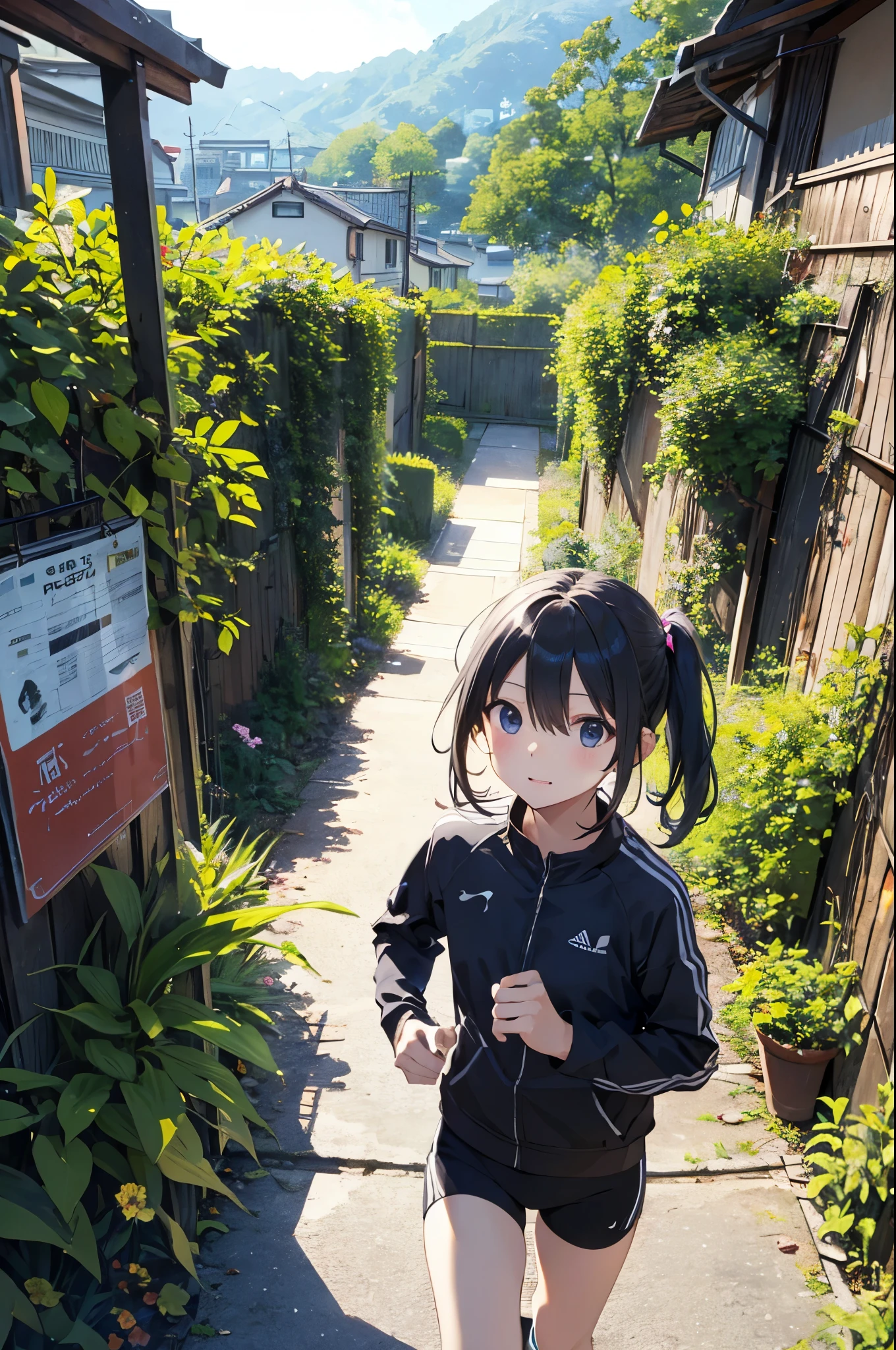 (Pretty sister:1.3)、spring atmosphere、morning、aggressive、garden、runningウェア、running