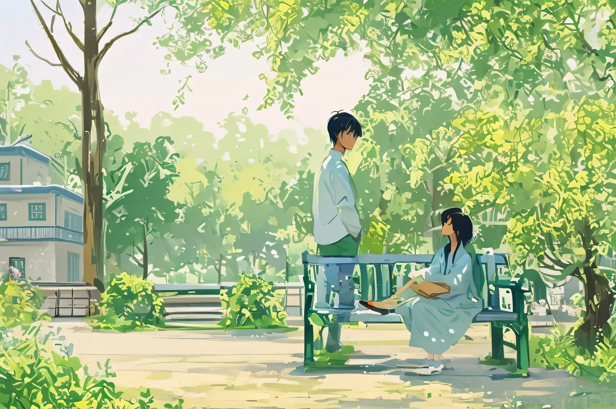 anime scene of a couple 벚꽃핀 sitting on bench at the park, beautiful animated scenes, 공원 sitting on bench, sakimichan and makoto shinkai, animated beautiful peace scene, Beautiful depiction, sitting on bench, Makoto Shinkai Style, by Yanagawa Nobusada, at the park, Sitting in the garden, sitting on bench