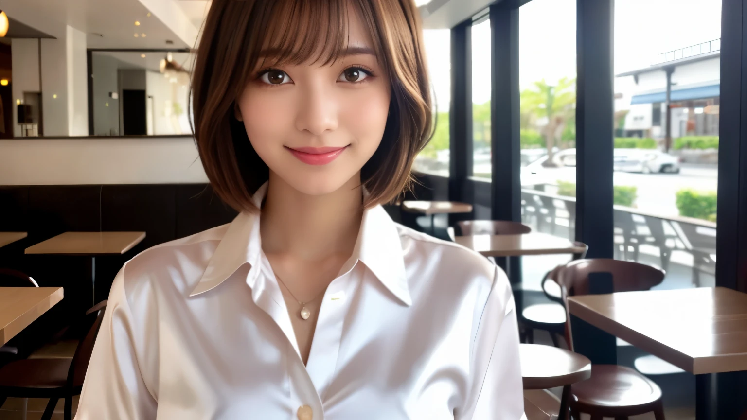 product quality, upper body shot, Front view, inside a stylish cafe, 1 girl, young beautiful japanese woman, short bob hair, hyper pretty face, glamorous, I wear a satin silk white shirt with short sleeves and long sleeves with a collar, Lots of smiles at the cafe, glossy lips, double eyelids of both eyes, natural makeup, long eyelashes, shiny smooth light brown hair, asymmetrical bangs, tanned skin, center image, High resolution, high detail, detailed hairstyle, detailed face, movie lighting, surreal, perfect body,