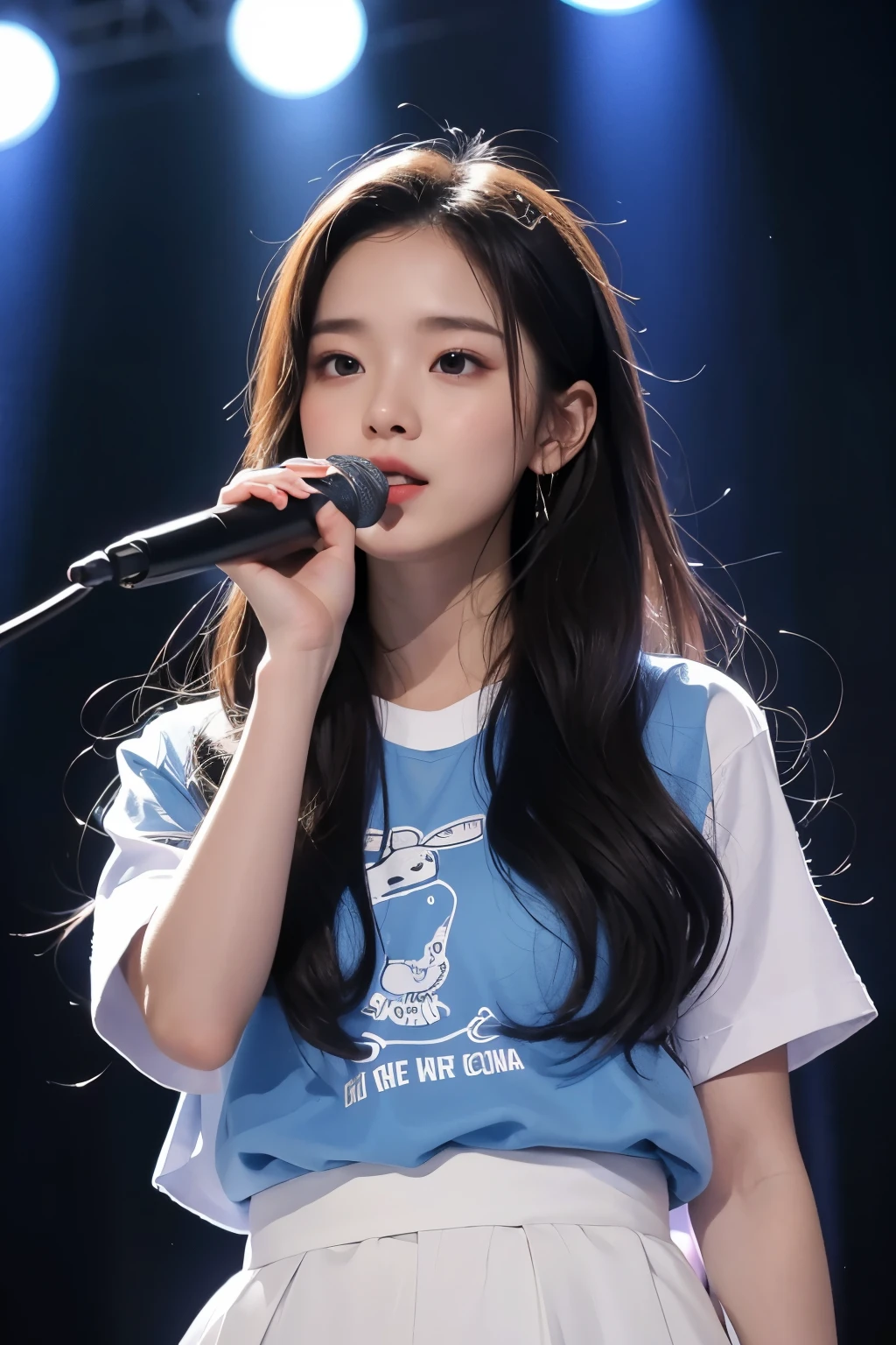 masterpiece, best quality, 8 thousand, 24 years old, photo beast, absurd, award-winning portraits, pure, korean beauty, spring, stage with electronic display, laces, cute, right, healthy, Beloved, perfect hands, A girl singing while holding a microphone in one hand, fluttering hair, Random Actions, 무작위 clothes, (clothes:random color),