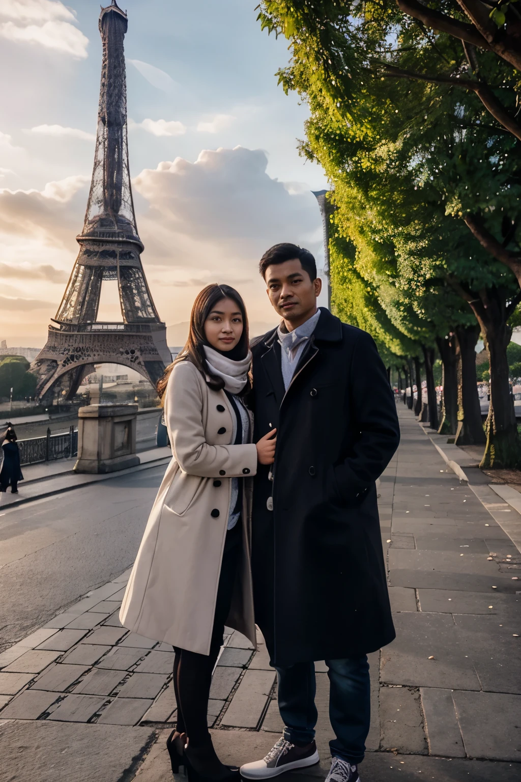 romantic couple Indonesian couple. the woman in the coat and the man wearing matching clothes standing in front of the eiffel tower, indonesian, in paris, 26 year old indonesian, in front of the eiffel tower, with a view of the eiffel, beautiful high resolution, paris, shutterstock, very beautiful photo, image beautiful, 2995599206