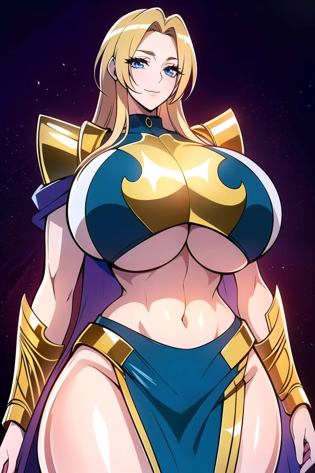 ultra realistic 8k cg, masterpiece, ((ultra detailed background,  intricate detail, highly detailed, fine details best quality, hyperdetailed face)), gigantic breasts ,beautiful lighting, absurdres, BoaHancockV2,  1girl, solo, (blonde hair), long hair, jewelry, closed mouth, ), ((Wearing shiny gold armor: 1.4)， (Saint Seiya Armor: 1.4), (underboob : 1.4), curvy, midriff, curvy, thighs, shiny clothes), blue eyes, complex detailed background, inside, luxury palace), ((cowboy shot)), curvy, (gigantic breasts: 1.1), seductive smile, cowboy shot,