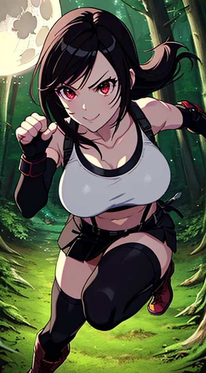 best quality, ultra-detailed, high resolution, anime style, cell shading, detailed, dynamic lighting, beautiful detailed eyes, Tifa Lockhart, final fantasy vii remake, white crop top, elbow pad, fingerless gloves, suspenders, black leather miniskirt, red boots, dynamic pose, red eyes, serious, smile, fighting stance, sparring, (Background: Outdoors, in the forest, night, moon light luminating on the forest floor)
