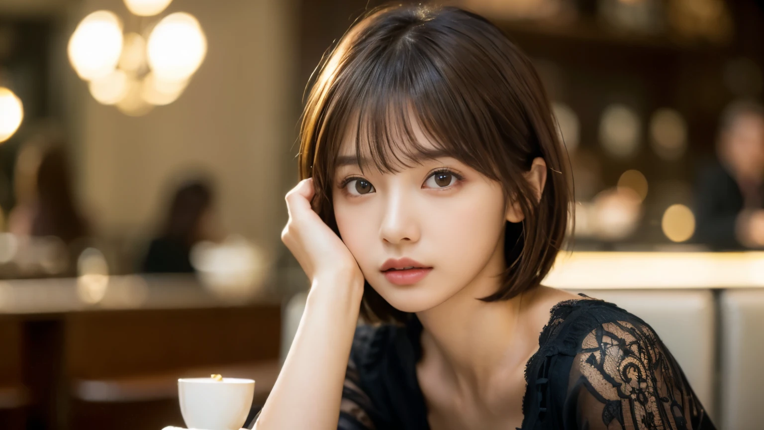 (masterpiece, Super detailed, very detailed, exquisite, 16k, confused), woman, 19 years old, glamorous, (Refreshing breeze:1.4), looking at the viewer, short hair, messy hair, diagonal bangs, brown hair, brown eyes, Upper body, cinematic lighting, Blurry background in focus, inside a stylish cafe, Urban Cafe 