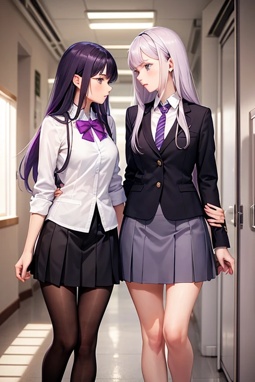 Romantic Student, Two female students in school uniform, Female couple, Tall and skinny, fair, Alumni, classmate，The girl on the left has light purple hair and eyes，The girl on the right has white hair and purple eyes