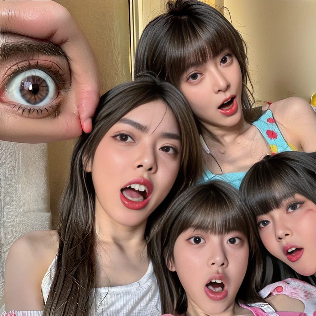 
4 girls, live-action, eye, 寄りeye, Ahegao, open your mouth, stick out tongue,
