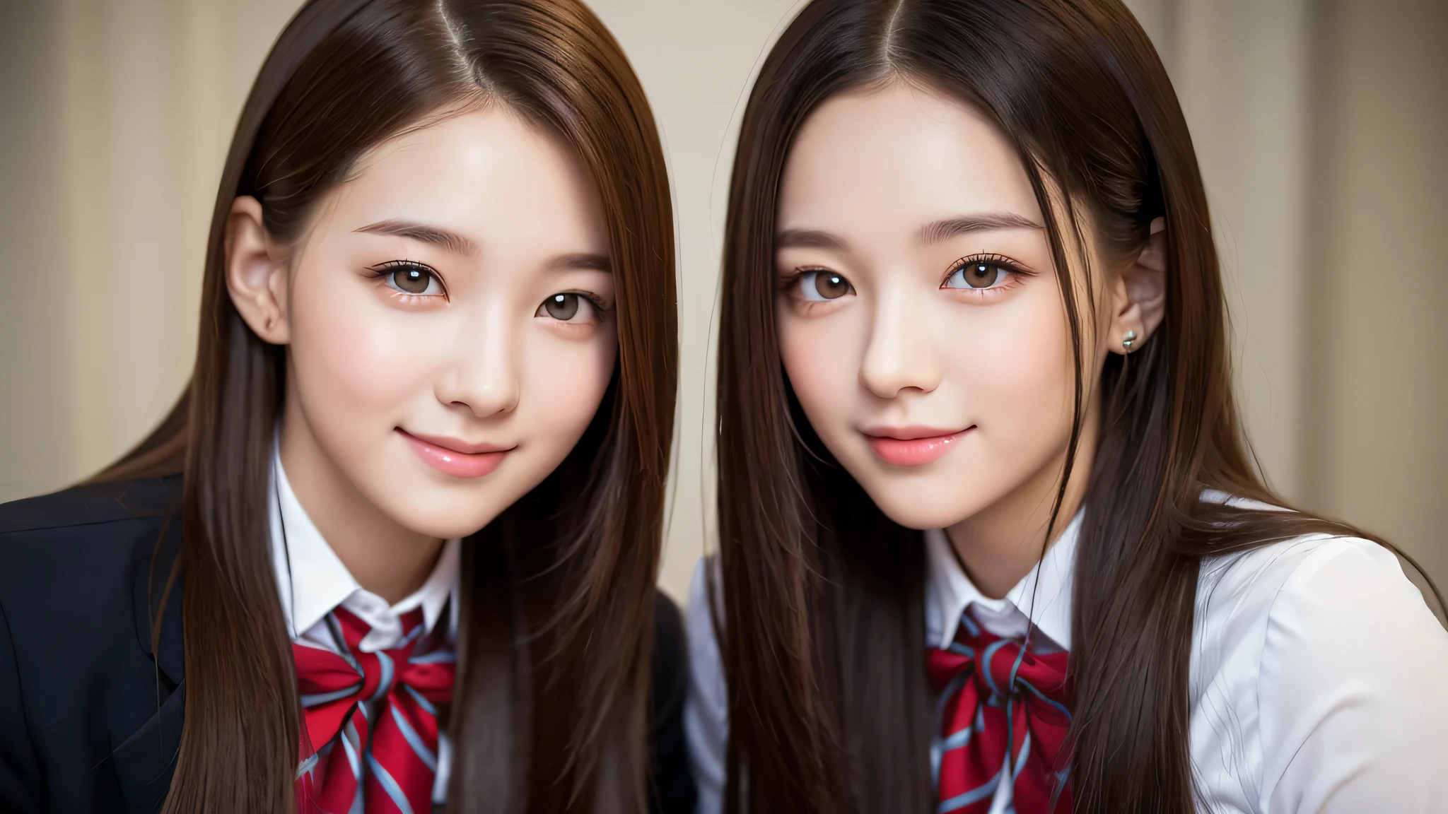 (Twins), 2girl, similar faces, beautiful girls, enchanting smile, (highly detailed eyes, highly detailed face), Fresh, very clean appearance, (hyper-realistic, hight resolution), (best Quality:1.4), Professional Photography, (high school uniform:1.2), focus on the face,