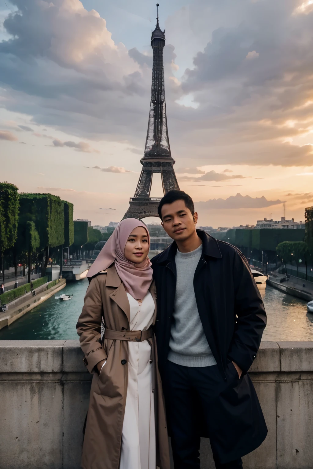 romantic couple Indonesian couple. the woman in the coat and the man wearing matching clothes standing in front of the eiffel tower, indonesian, in paris, 26 year old indonesian, in front of the eiffel tower, with a view of the eiffel, beautiful high resolution, paris, shutterstock, very beautiful photo, image beautiful, 2995599206