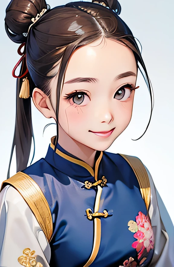 highest quality、realistic、Japanese、girl、zoom、cute、gray eyes、bun hair、chestnut hair、all back、The forehead is protruding、blue cheongsam、look down、big smile、bust shot、thin、small breasts