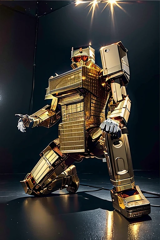 5 8K UHD、A mechanical beauty in a gold metallic body wearing glasses is kneeling、A silver metal robot with shiny skin