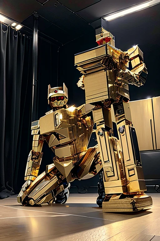 5 8K UHD、A mechanical beauty in a gold metallic body wearing glasses is kneeling、A silver metal robot with shiny skin