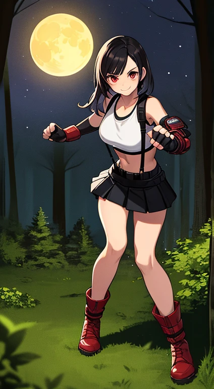 best quality, ultra-detailed, high resolution, anime style, cell shading, detailed, dynamic lighting, beautiful detailed eyes, Tifa Lockhart, final fantasy vii remake, white crop top, elbow pad, fingerless gloves, suspenders, very short pleated miniskirt, red boots, dynamic pose, red eyes, serious, smile, fighting stance, sparring, (Background: Outdoors, in the forest, night, moon light luminating on the forest floor)
