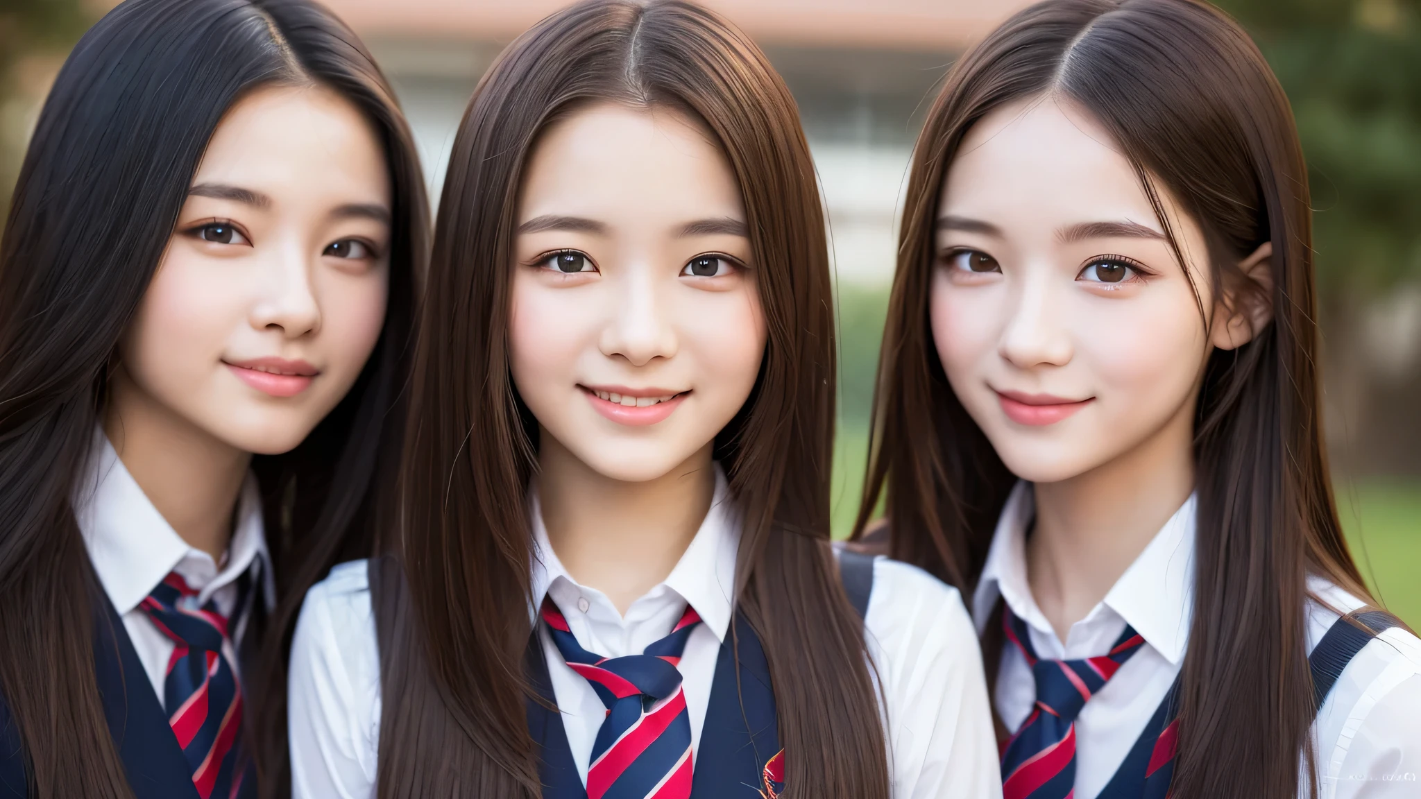 (Twins), 2girl, similar faces, beautiful girls, enchanting smile, (highly detailed eyes, highly detailed face), Fresh, very clean appearance, (hyper-realistic, hight resolution), (best Quality:1.4), Professional Photography, (high school uniform:1.2), focus on the face,