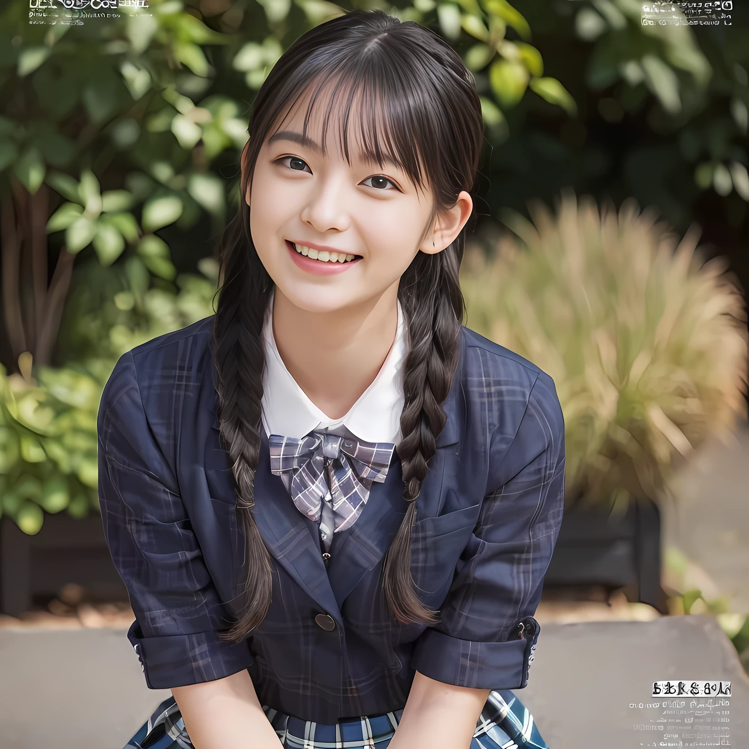 (highest quality、masterpiece:1.2)、highest quality、realistic、photograph、High resolution、1080p、8K、The face is especially pale., physical rendering、((Height: 155cm)), one Japanese girl、((A 15-year-old Japanese junior high school student is sitting)), (((Fashion model in a Japanese magazine))), , (((big very detailed beautiful dark brown eyes))), ((blue girly large wine-red glossy polyester Japanese school ribbon bow tie)), (((black beautiful long twin braids hair))), ((((deep blue colored tartan checkered formal long pleated pleated skirt)))), ((A formal dark blue blazer that is slightly oversized and has an emblem on the left chest.)), ((((((laughing at me!)))))), mouth is open, The large blazer and skirt are very cute., detailed fingers, Slender body, ((curled bangs)), so beautiful, long eyelashes, ((Very big and very very very cute eyes of a Japanese girl)), ((large pupils)), double eyelids, The entire skirt is photographed, thin eyebrows, ((drooping eyes)), ((long eyelashes)), ((cute lovely lovely laughing laughing cheeks)), ((Pure white light hits her face from above and in the front, making her skin and eyes shine beautifully.)), ((Strong light hits the nose and cheeks、It brings out the richness of the expression.)), (((((Her face is expressive, pure and very intelligent.))))), (((Shot from the right side)))