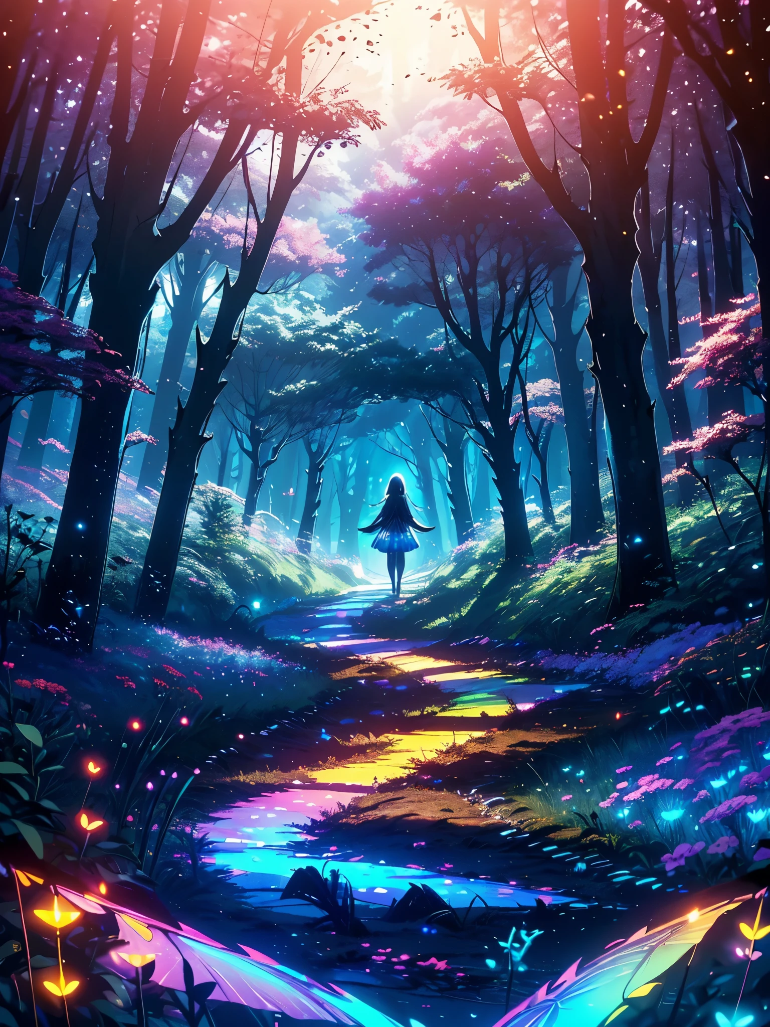 path with steps curving towards the sky, (((an enchanted forest, with sinister trees smiling in the dark, glowing eyes among the bushes, fairies and neon fireflies flying across the view))), forest with rose flowers of various colors , {extremely detailed 16k CG unit wallpaper}, expansive landscape photography, (a low angle view focusing on the character and the sky above), (wide open field view), (low angle shot), ( high light: 1.1), (low light: 1.5), (warm light source: 1.2), complex details, (iridescent colors: 1.5), (bright lighting), (atmospheric lighting), dreamy, unique, fairy tale
