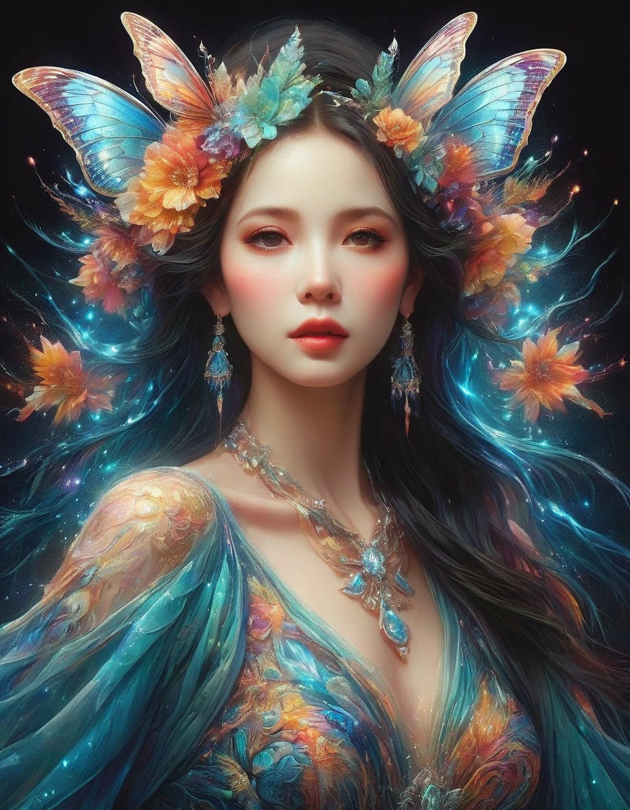 Create a surreal portrait of a woman with butterfly wings. Her presentation should be dreamlike and ethereal, with the vibrant, outlandish colors and improbable, distortion-filled artistry characteristic of Surrealism, a movement prevalent in the early 20th century. Think of the intricacy and strangeness often associated with visual illusions. Let her gown flow in an eerily graceful manner. This portrait should be captured as if viewed through a macro lens, accentuating each fine line and elaborate detail. Though it is a fantasy-inspired piece, the realism in the details should not be compromised.