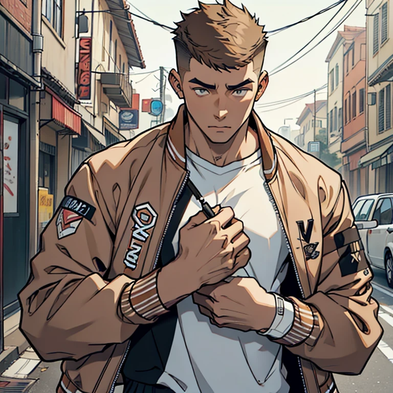 human Male 19 years old , ((Brown fade haircut)) ,Gray shirt , Bandage , ((wearing varsity Jacket )) ,