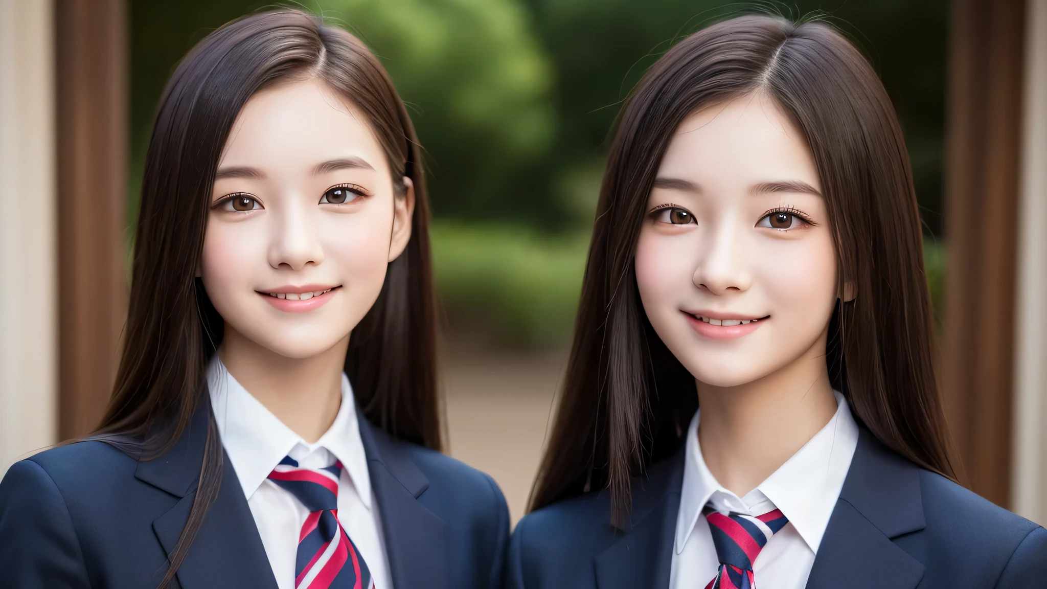 (Twins), 2girl, similar faces, beautiful girls, enchanting smile, (highly detailed eyes, highly detailed face), Fresh, very clean appearance, (hyper-realistic, hight resolution), (best Quality:1.4), Professional Photography, (high school uniform:1.2), focus on the face,