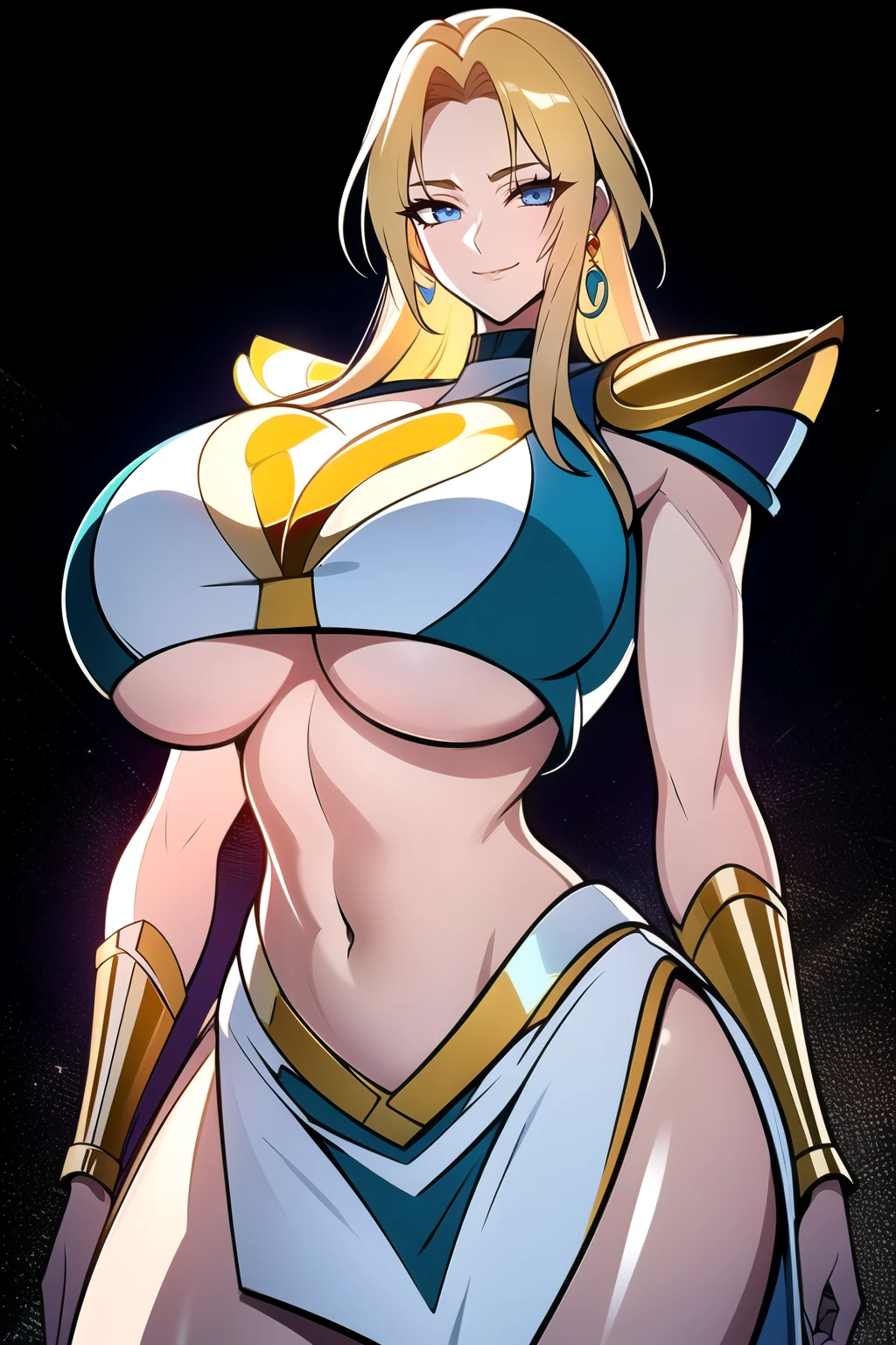 ultra realistic 8k cg, masterpiece, ((ultra detailed background, intricate detail, highly detailed, fine details best quality, hyperdetailed face)), gigantic breasts ,beautiful lighting, absurdres, BoaHancockV2, 1girl, solo, (blonde hair), long hair, jewelry, closed mouth, ), ((Wearing shiny gold armor: 1.4), (Saint Seiya Armor: 1.4), (underboob : 1.4), curvy, midriff, curvy, thighs, shiny clothes), blue eyes, complex detailed background, inside, luxury palace), ((cowboy shot)), curvy, (gigantic breasts: 1.1), seductive smile, cowboy shot,