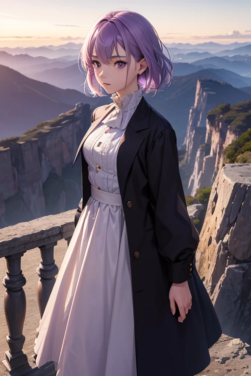 (Highest resolution, clearly_image) Excellent, masterpiece, high detail,a very beautiful woman, alone, Normal handsome posture, short light purple hair,light purple eyes, cold expression, 18 years old, young,  Cold and proud, standing on the cliff, overlooking