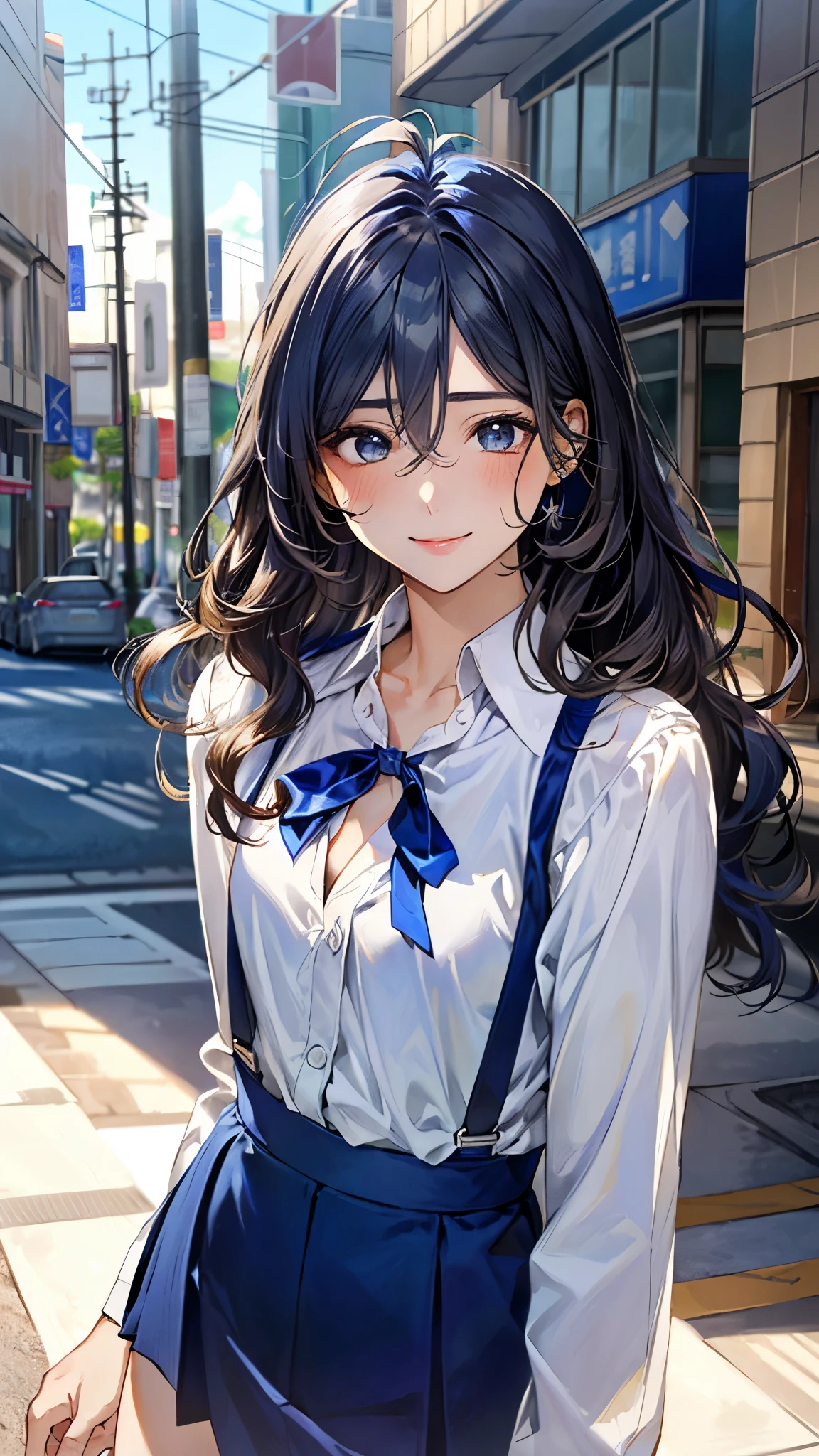 (masterpiece:1.2, top-quality), (realistic, photorealistic:1.4), beautiful illustration, (natural side lighting, movie lighting), depth of fields, surrealism,
looking at viewer, cowboy shot, 1 girl, japanese, gravure Idol, high school girl, perfect face, cute and symmetrical face, suntan, shiny skin, slender,
(long hair:1.7, wavy hair:0.8, antenna hair, navy hair), hair between eyes, emerald green eyes, long eye lasher, (large breasts:0.8),
beautiful hair, beautiful face, beautiful detailed eyes, beautiful clavicle, beautiful body, beautiful chest, beautiful thigh, beautiful legs, beautiful fingers,
((long sleeve collared white blouse, cobalt blue suspender high waist skirt, cobalt blue neck ribbon)),
(beautiful scenery), summer, evening, (downtown), (extremely sexy), (lovely smile, upper eyes),