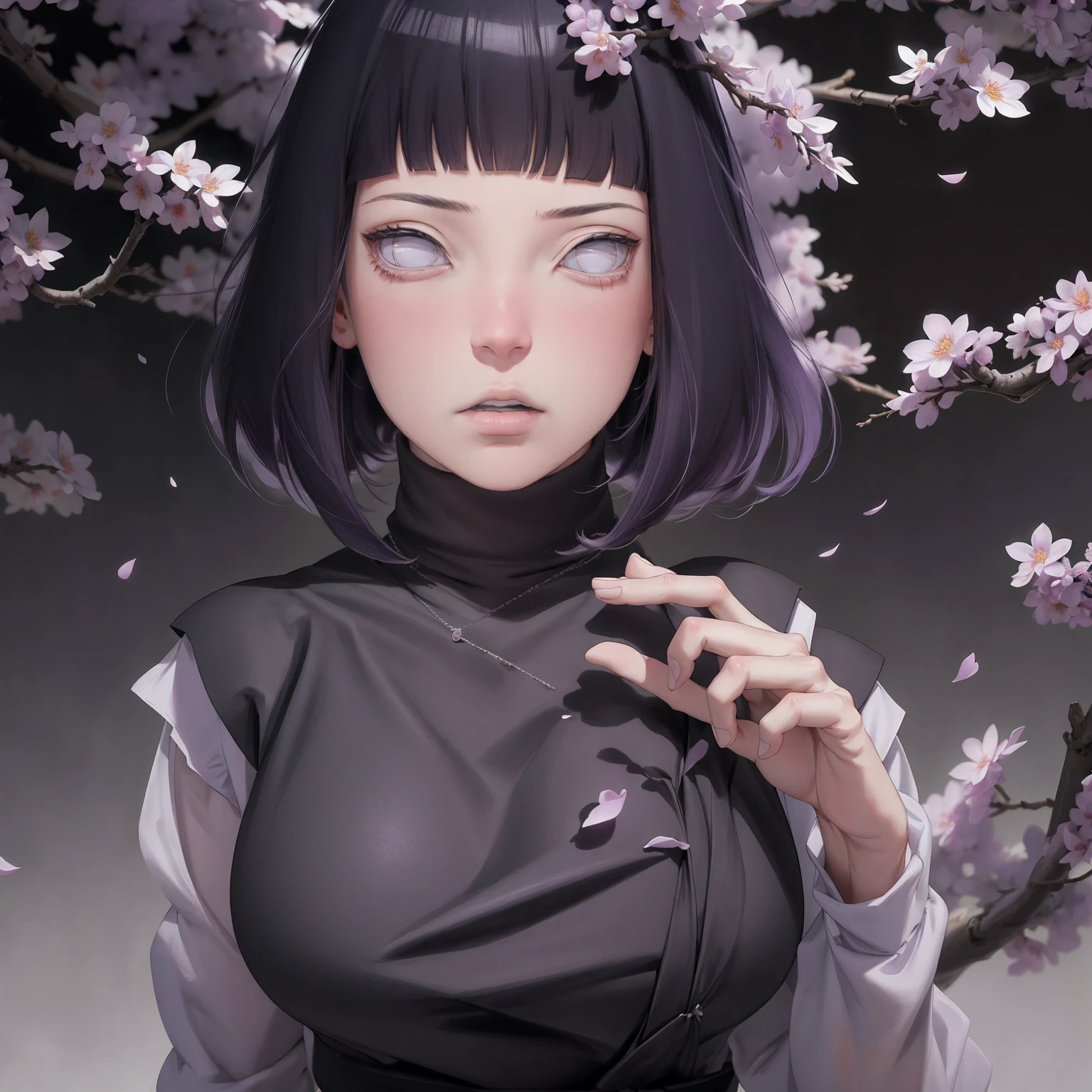 { - anatomy error} (Masterpiece - Ultra-detailed, very high resolution) (huge titusty, masterpiece, absurdres, hinata\(boruto\), 1girl, solo,mature female, lilac turtleneck blouse, black pant, looking at viewelling petals), perfect composition, detailed lips, big breast, beautiful face, body propotion, blush, (pink lips), short hair, (black hair), purple eyes, soft gaze, super realistic, detailed, photoshoot, realistic face and body, closed mouth , lilac eyes, upper body, hidden hands, perfect fingers, inocent face, portrait, , backwards, looking back, dynamic poses