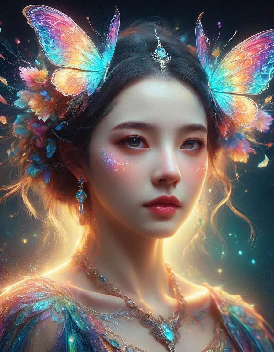 A surreal digital portrait of a European girl, She has glowing butterfly wings, Immerse yourself in a world of vibrant and neon colors, With the light of another world, Semi-flight state, Elements of fantasy and fantasy, Evoke the extravagance of surrealist art with exaggerated perspective, Use soft brushstrokes to add texture and depth to your image, Highlighting the intricate pattern and glowing effect of her wings, Eyes on the audience, first-person view, UHD, masterpiece, ccurate, anatomically correct, textured skin, award winning, best quality, 8k