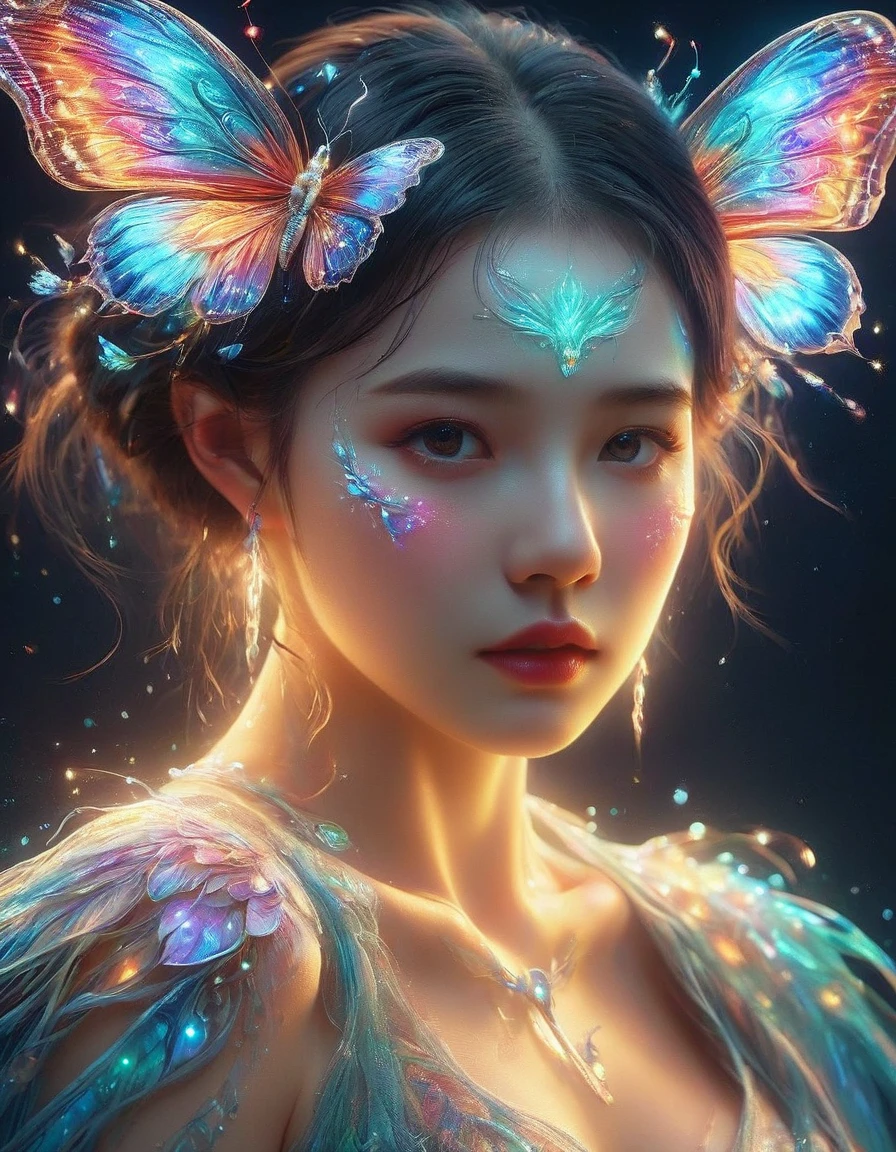 A surreal digital portrait of a European girl, She has glowing butterfly wings, Immerse yourself in a world of vibrant and neon colors, With the light of another world, Semi-flight state, Elements of fantasy and fantasy, Evoke the extravagance of surrealist art with exaggerated perspective, Use soft brushstrokes to add texture and depth to your image, Highlighting the intricate pattern and glowing effect of her wings, Eyes on the audience, first-person view, UHD, masterpiece, ccurate, anatomically correct, textured skin, award winning, best quality, 8k