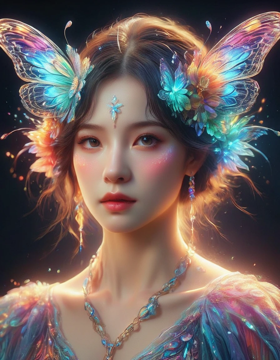 A surreal digital portrait of a European girl, She has glowing butterfly wings, Immerse yourself in a world of vibrant and neon colors, With the light of another world, Semi-flight state, Elements of fantasy and fantasy, Evoke the extravagance of surrealist art with exaggerated perspective, Use soft brushstrokes to add texture and depth to your image, Highlighting the intricate pattern and glowing effect of her wings, Eyes on the audience, first-person view, UHD, masterpiece, ccurate, anatomically correct, textured skin, award winning, best quality, 8k