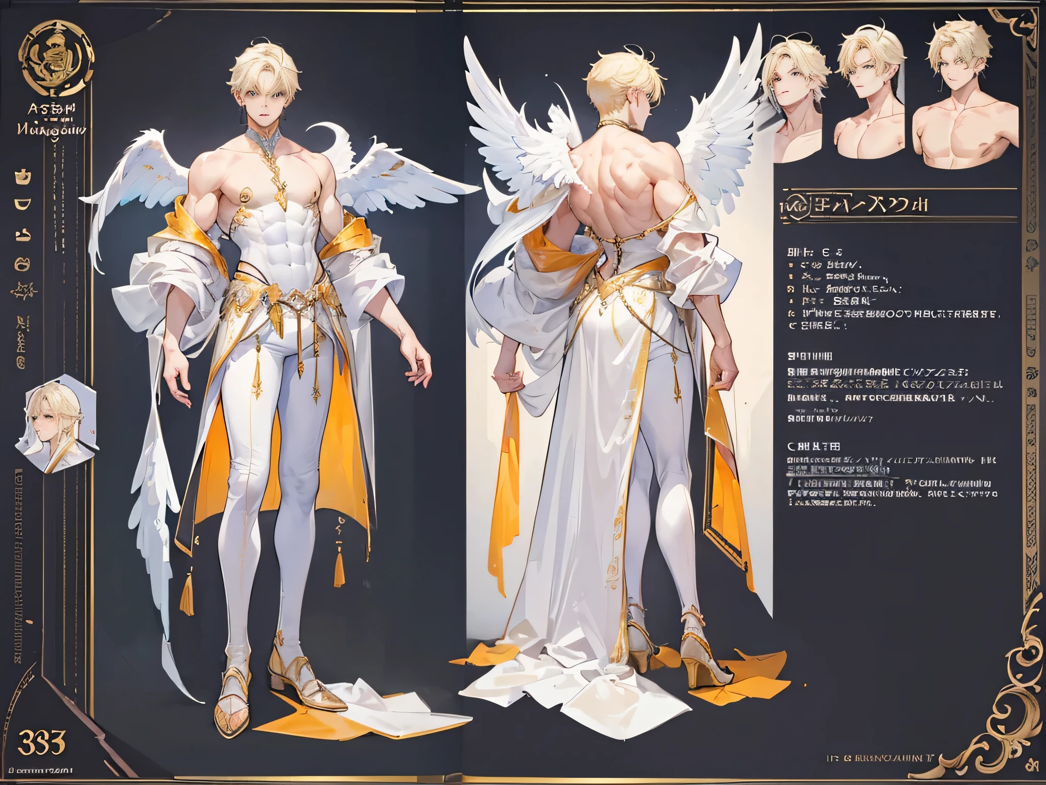 ((Masterpiece, Highest quality)), Male, boy, Detailed face, character design sheet, full bodyesbian, Full of details, frontal body view, back body view, Highly detailed, Depth, Many parts, angel wings, angel outfit, Muscle boy with blond hair,handsome man, male angel , man tall