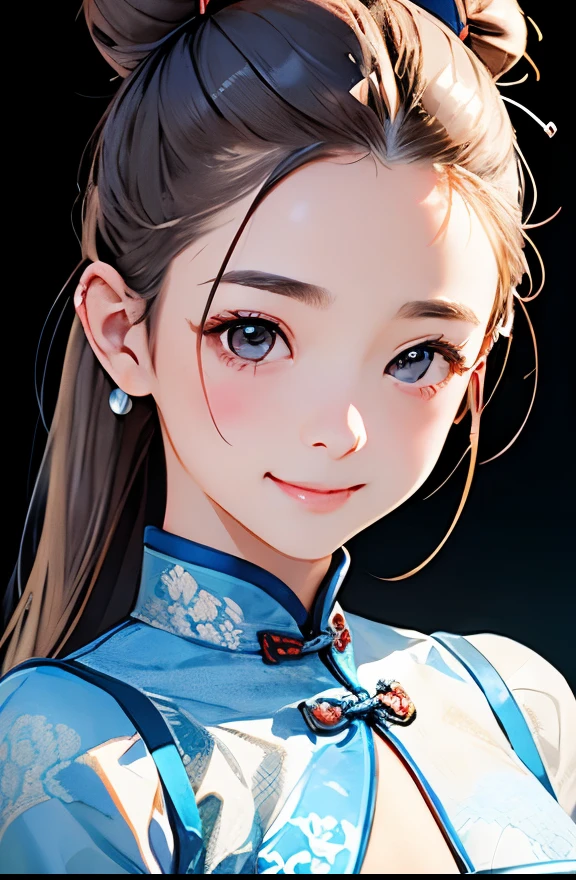highest quality、realistic、Japanese、girl、zoom、cute、gray eyes、bun hair、chestnut hair、all back、The forehead is protruding、blue cheongsam、look down、big smile、bust shot、thin、small breasts