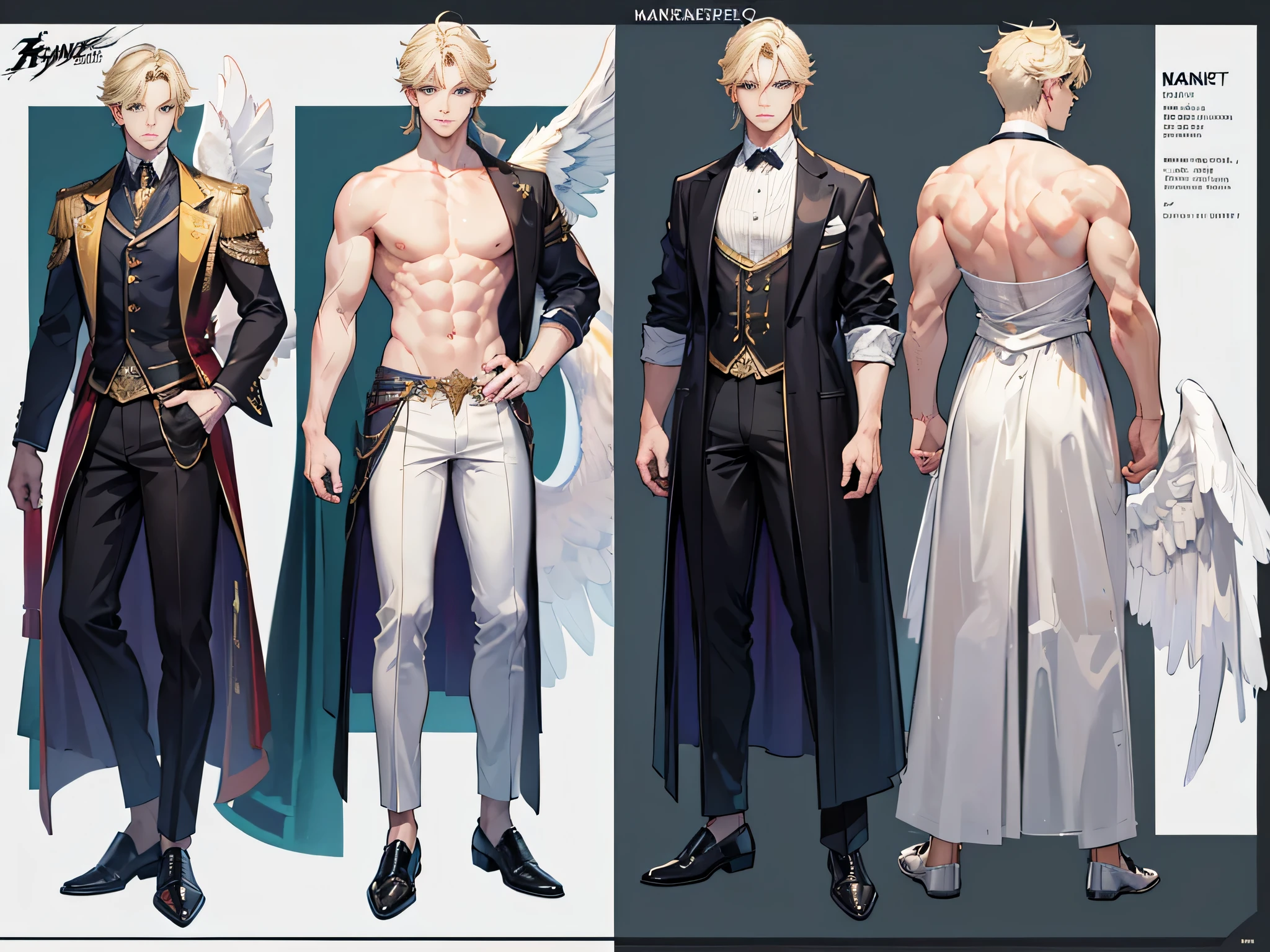 ((Masterpiece, Highest quality)), Male, boy, Detailed face, character design sheet, full bodyesbian, Full of details, frontal body view, back body view, Highly detailed, Depth, Many parts, angel wings, angel outfit, Muscle boy with blond hair,handsome man, male angel , man tall