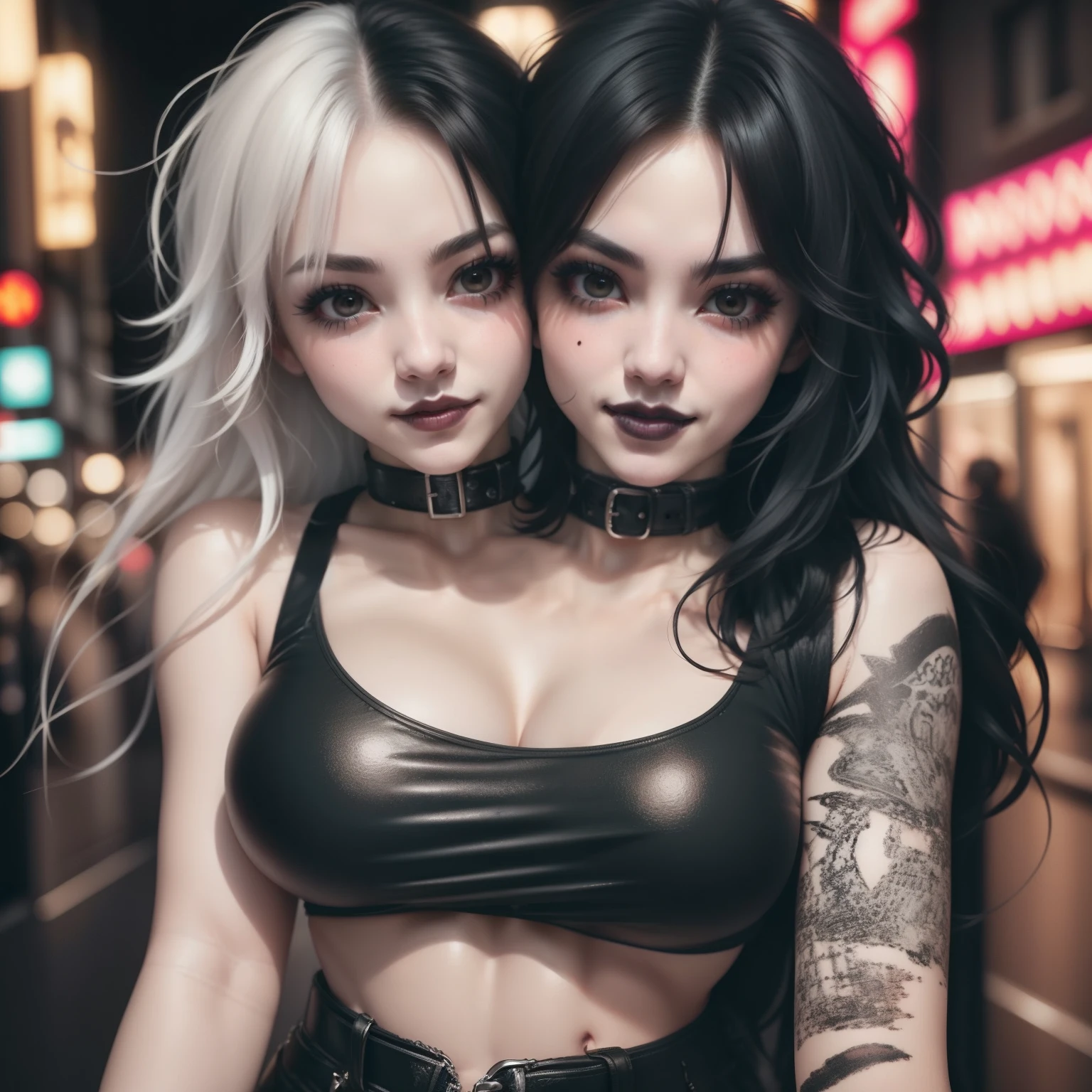 masterpiece, best quality, highly detailed,1girl, covering mouth with hand, emo hairstyle, shy smile, messy hair, big breasts, adult, split-color hair, black and white hair, eye shadow, black lipstick, street at night, neon lighting, (two heads)