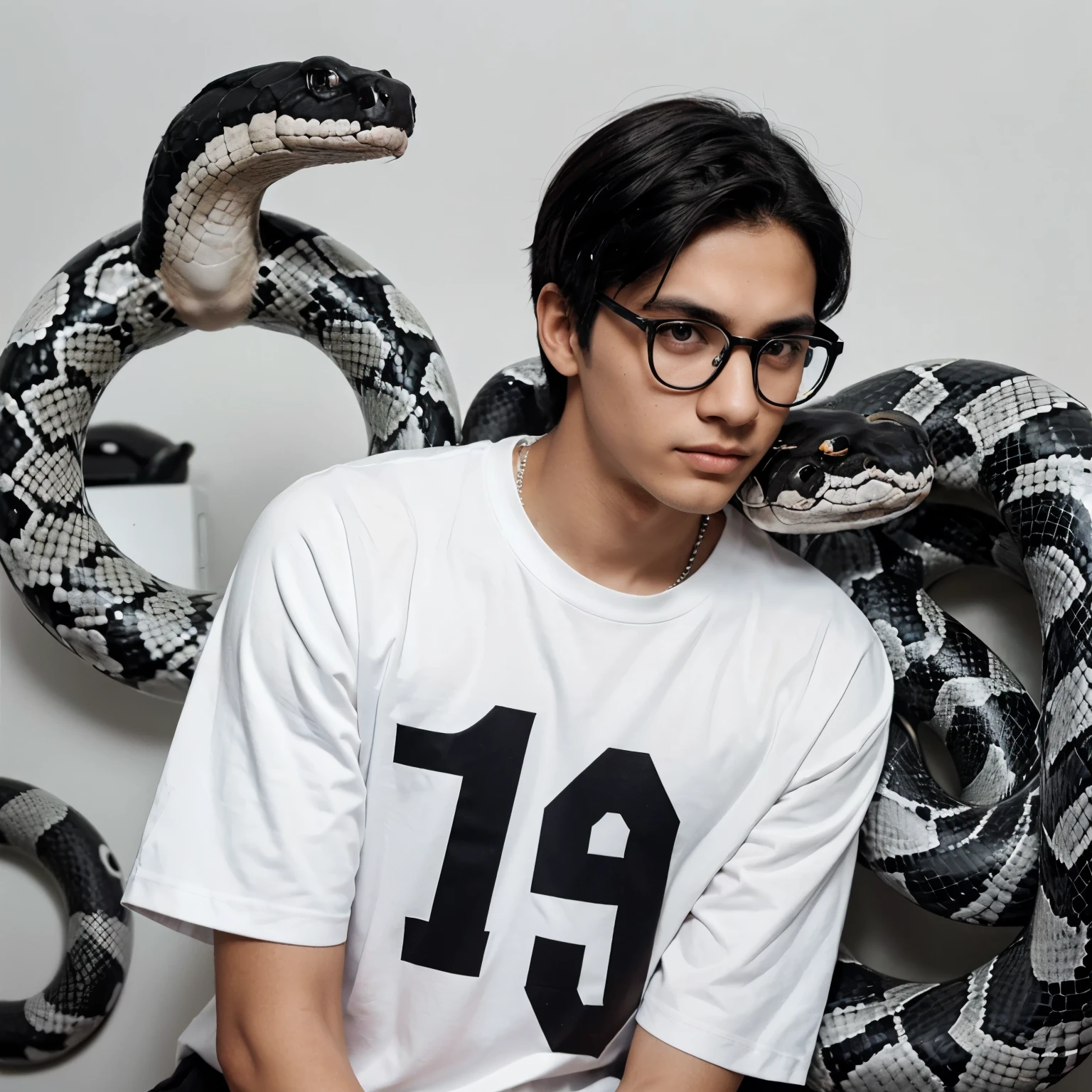 Black haired boy with glasses with a pimple on his face and thin braces stretched out with a black and white shirt with a snake on the side of the shirt with the number fourteen