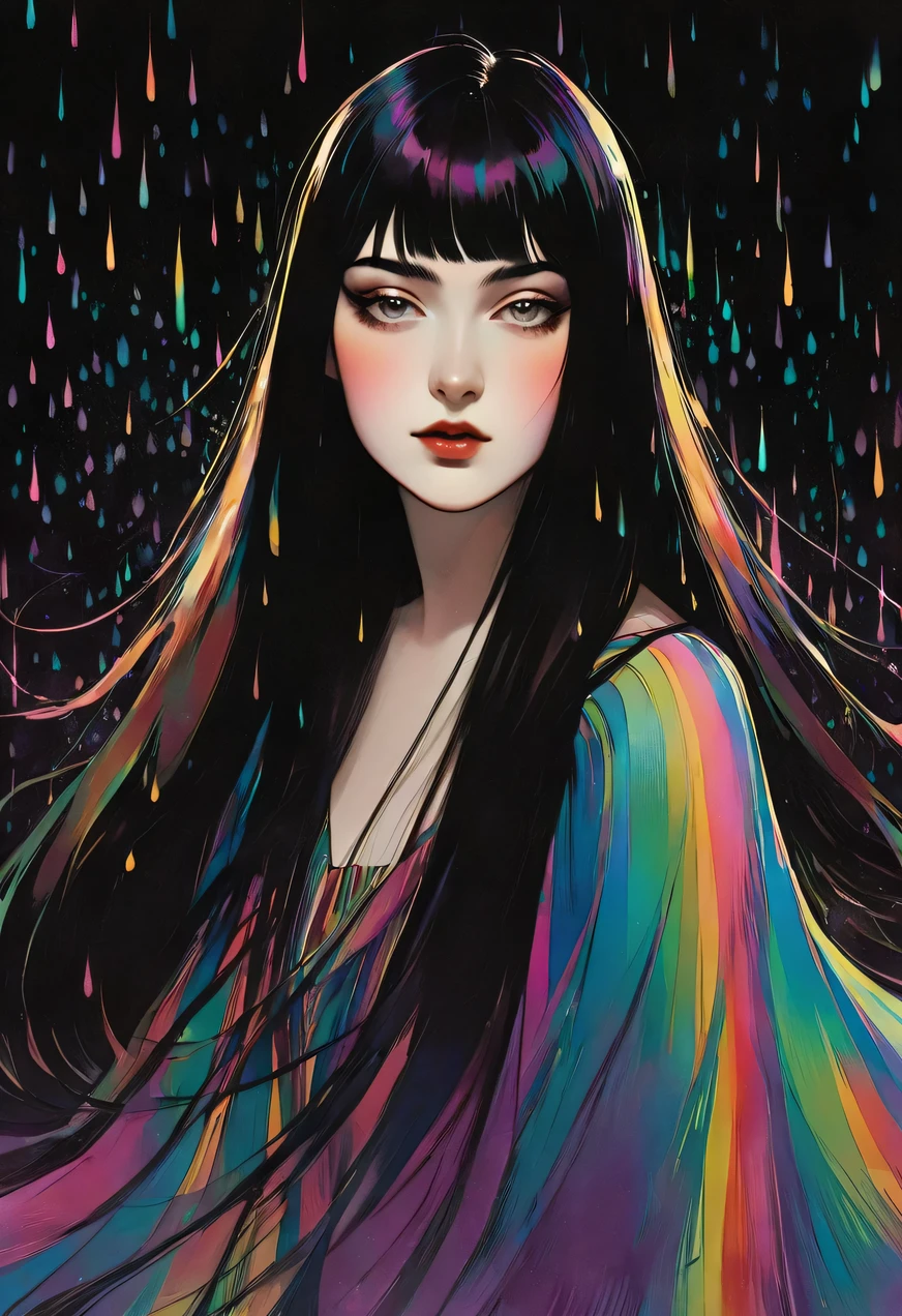 chiaroscuro technique on sensual illustration of an elegant queen (((long hair with bangs:1.4、Beautiful bangs) , vintage ,silky dress, matte painting, by John Singer Sargent, by Harumi Hironaka, abstract background, (upper body:1.5), Rainbow rain, highly detailed, digital artwork, high contrast, dramatic, refined, tonal, an intimate, seductive studio setting with a focus on sensuality and romance. Utilize soft, warm lighting that bathes the space in a gentle, inviting glow. Incorporate luxurious fabrics, plush furnishings, and a touch of decadence to evoke an opulent ambiance. The scene should exude an air of serenity and anticipation, inviting the viewer into a sensual and romantic space