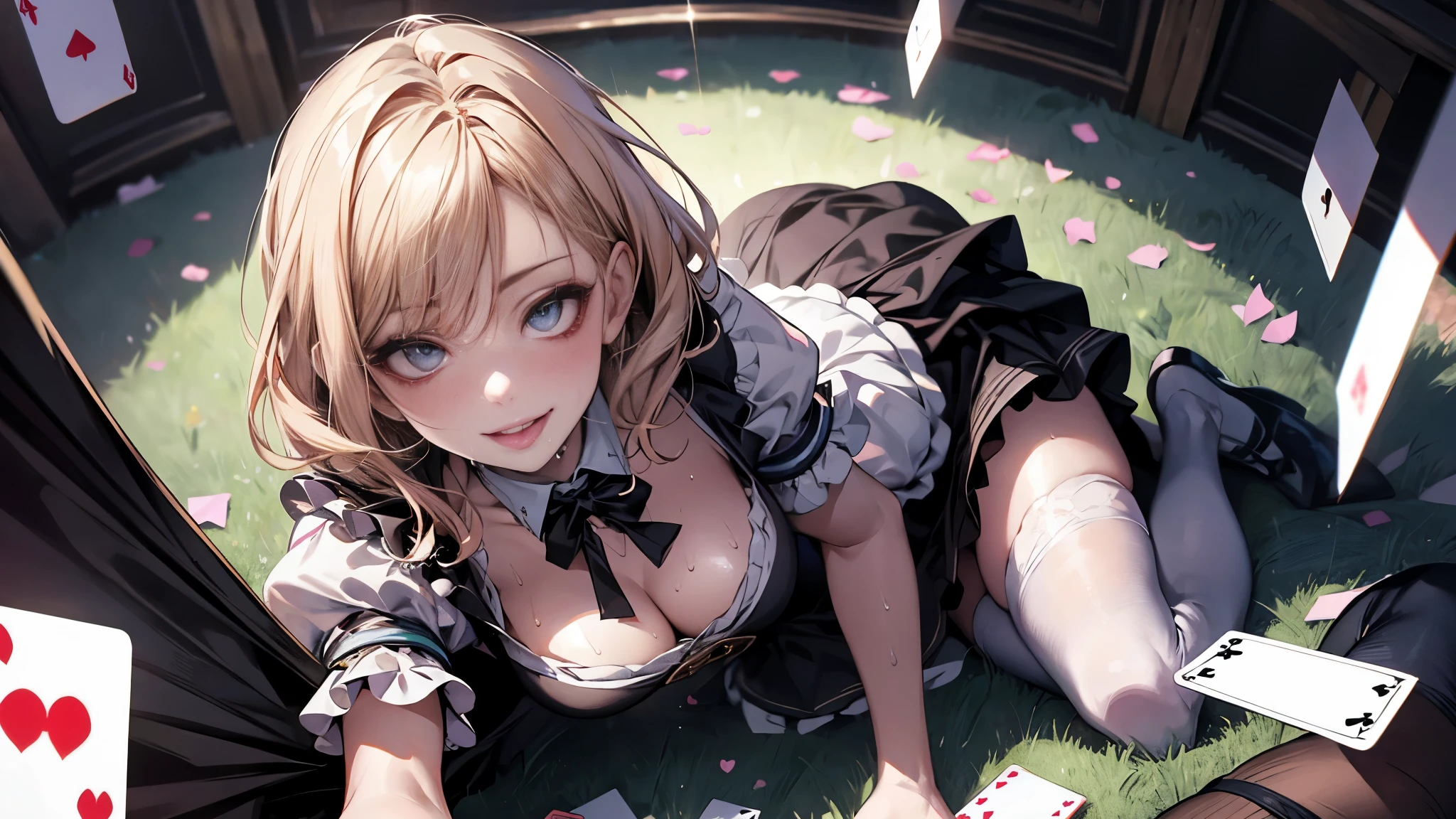 (Best quality, 8K, Masterpiece:1.3, 1 girl, solo, Beautiful girl), cute, Dynamism, Detailed face, Detailed skin, detailed clothes, Detailed eyes, Detailed lips, Detailed tongue, Detailed fingers, Detailed mouth, Photorealistic, Raw photo, highres, hight resolution, Natural lighting, dynamic pose, perfect anatomy, toned legs, double eyelids, tear bags, round eyes, moist lips, sweaty, ecstatic face, (alice in wonderland), playing card, cards, smile, fisheye, close up, masturbation, white thighhighs, diamond, heart, clover, spade, half closed eyes, ahegao:1.2, from above, surreal, upside down, skirt lift
