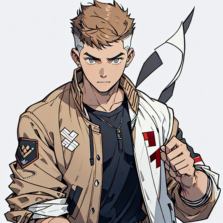 human Male 19 years old , ((Brown fade haircut)) ,Gray shirt , Bandage , ((wearing whiter varsity Jacket )) , solo,