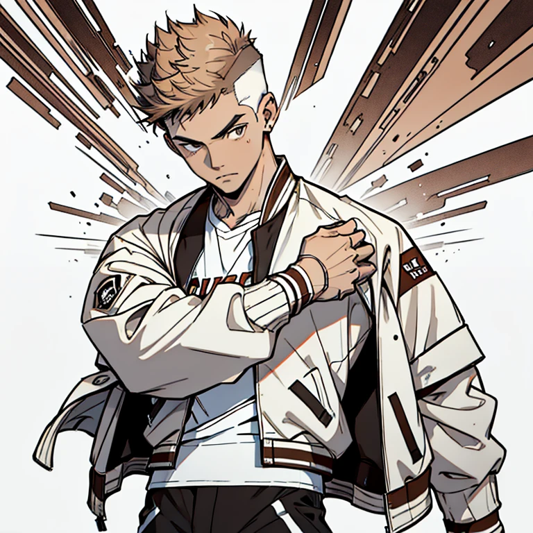 human Male 19 years old , ((Brown fade haircut)) ,Gray shirt , Bandage , ((wearing whiter varsity Jacket )) , solo,