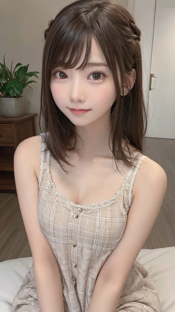 masterpiece, highest quality, High resolution,super detailed, amazingly beautiful woman,8k wall,one girl, (a beauty girl, delicate girl:1.3), (13 years old:1.3), break, (Casual dress with plaid pattern:1.3), break, extremely fine-grained clarity, (symmetrical eyes:1.3), break, (lush park:1.3), break, small breasts, brown eyes, parted bangs, brown hair, girl, break, (Eye and face details:1.3), break, surprised face,