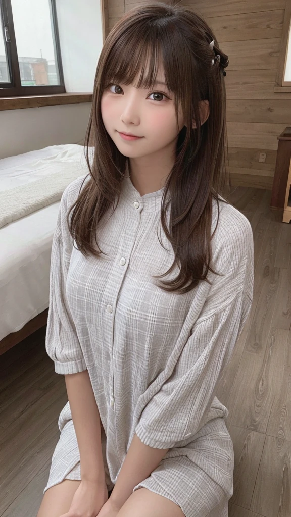 masterpiece, highest quality, High resolution,super detailed, amazingly beautiful woman,8k wall,one girl, (a beauty girl, delicate girl:1.3), (13 years old:1.3), break, (Casual dress with plaid pattern:1.3), break, extremely fine-grained clarity, (symmetrical eyes:1.3), break, (lush park:1.3), break, small breasts, brown eyes, parted bangs, brown hair, girl, break, (Eye and face details:1.3), break, surprised face,