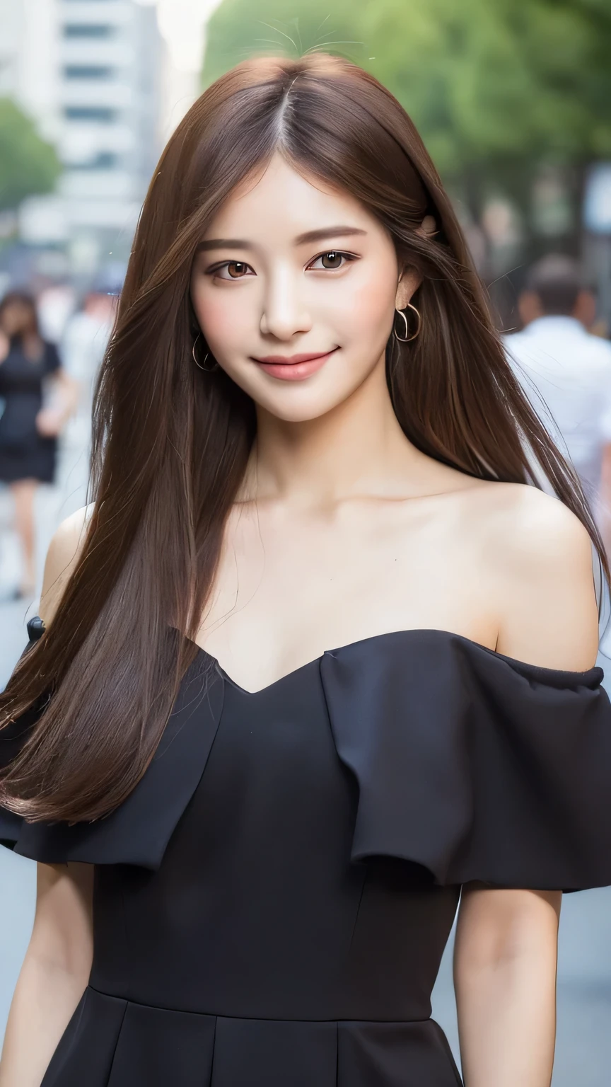 ((best quality, 8K, masterpiece :1.3)), 1 girl, Smile, whole body, face slimming, pretty Woman, (Dark brown hair), full length dress :1.1, Super detailed face, delicate eyes, double eyelids,  blurred background, face slimming, City, external, street,