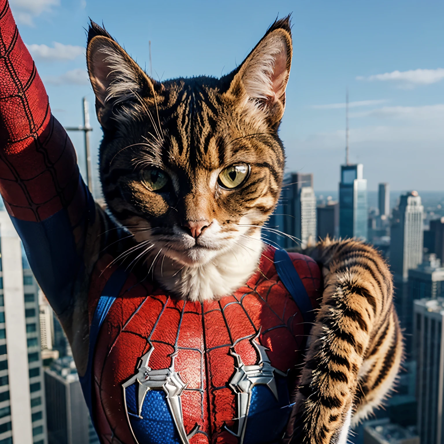 Good quality muscular cat dressed as spiderman on top of a skyscraper with realistic quality,cara de gato realista 
