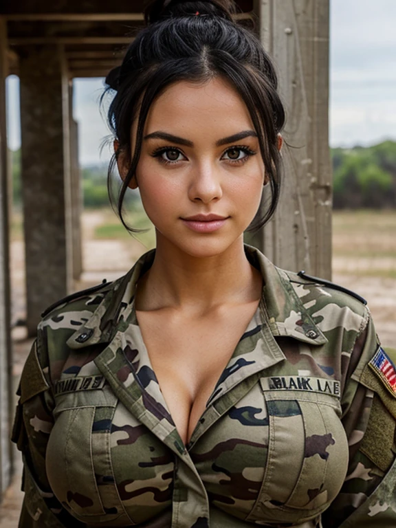French, busty, black hair, messy bun, camo military fatigues, outdoor, barracks, loving gaze