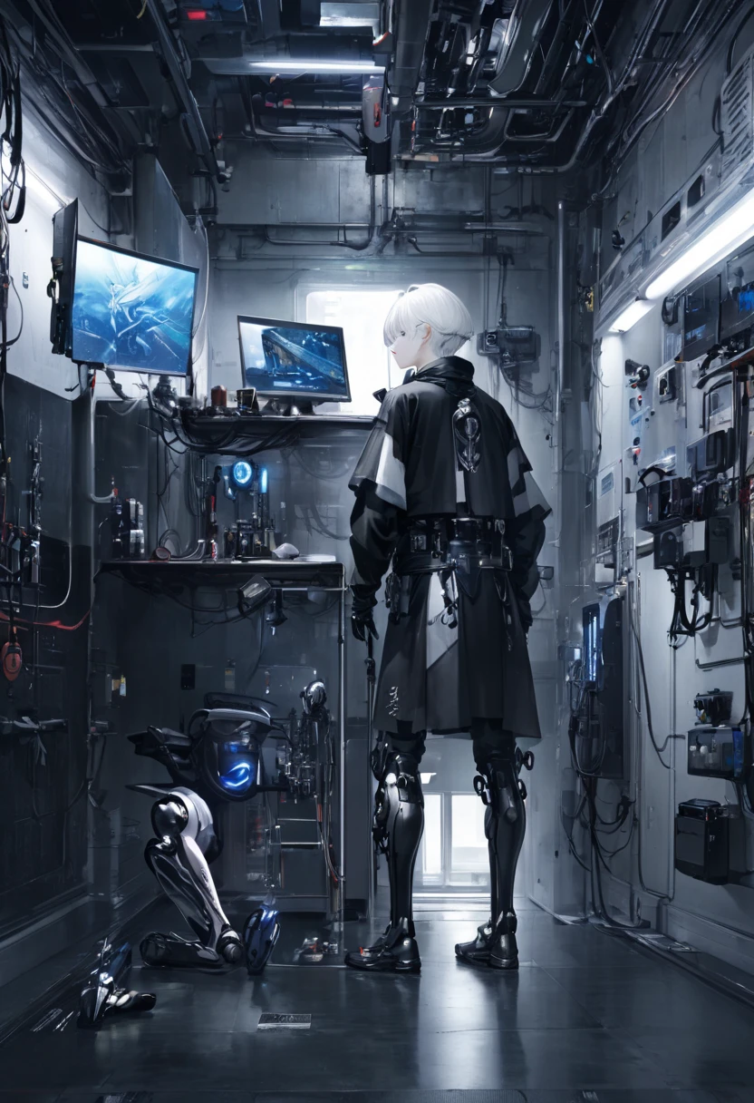 dark,room,near future,one boy,white hair,dark背景,Prosthetic body,prosthetic leg,prosthetic hand,Lock