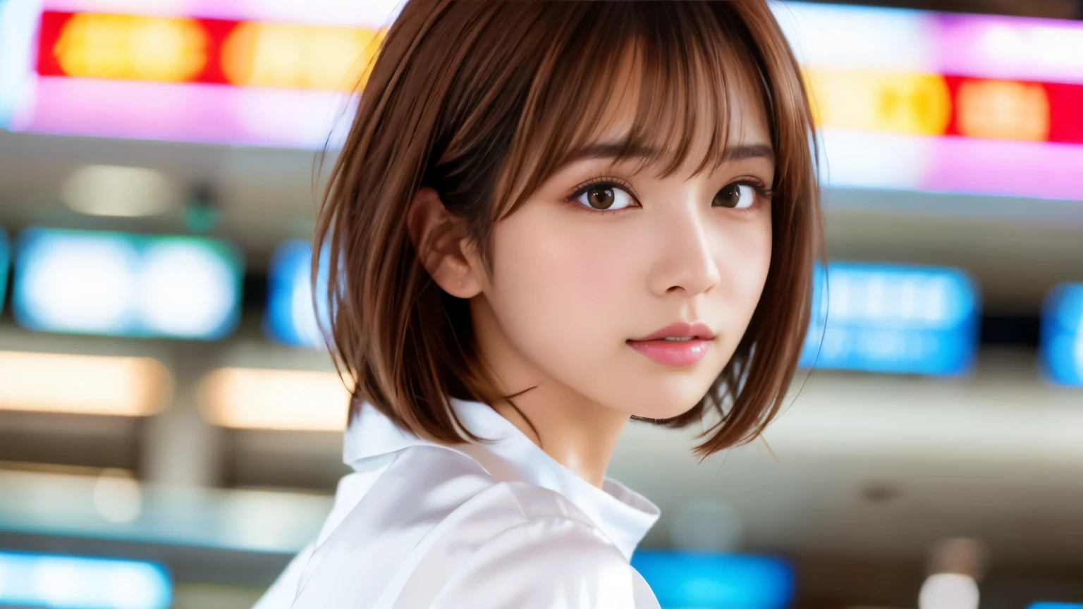 product quality, upper body shot, Front view, Airport cafe, girl, young beautiful japanese woman, short bob hair, hyper pretty face, glamorous, I wear a satin silk white shirt with short sleeves and long sleeves with a collar, Airport cafeで笑顔いっぱい, glossy lips, double eyelids of both eyes, natural makeup, long eyelashes, shiny smooth light brown hair, asymmetrical bangs, tanned skin, center image, High resolution, high detail, detailed hairstyle, detailed face, movie lighting, surreal, perfect body,