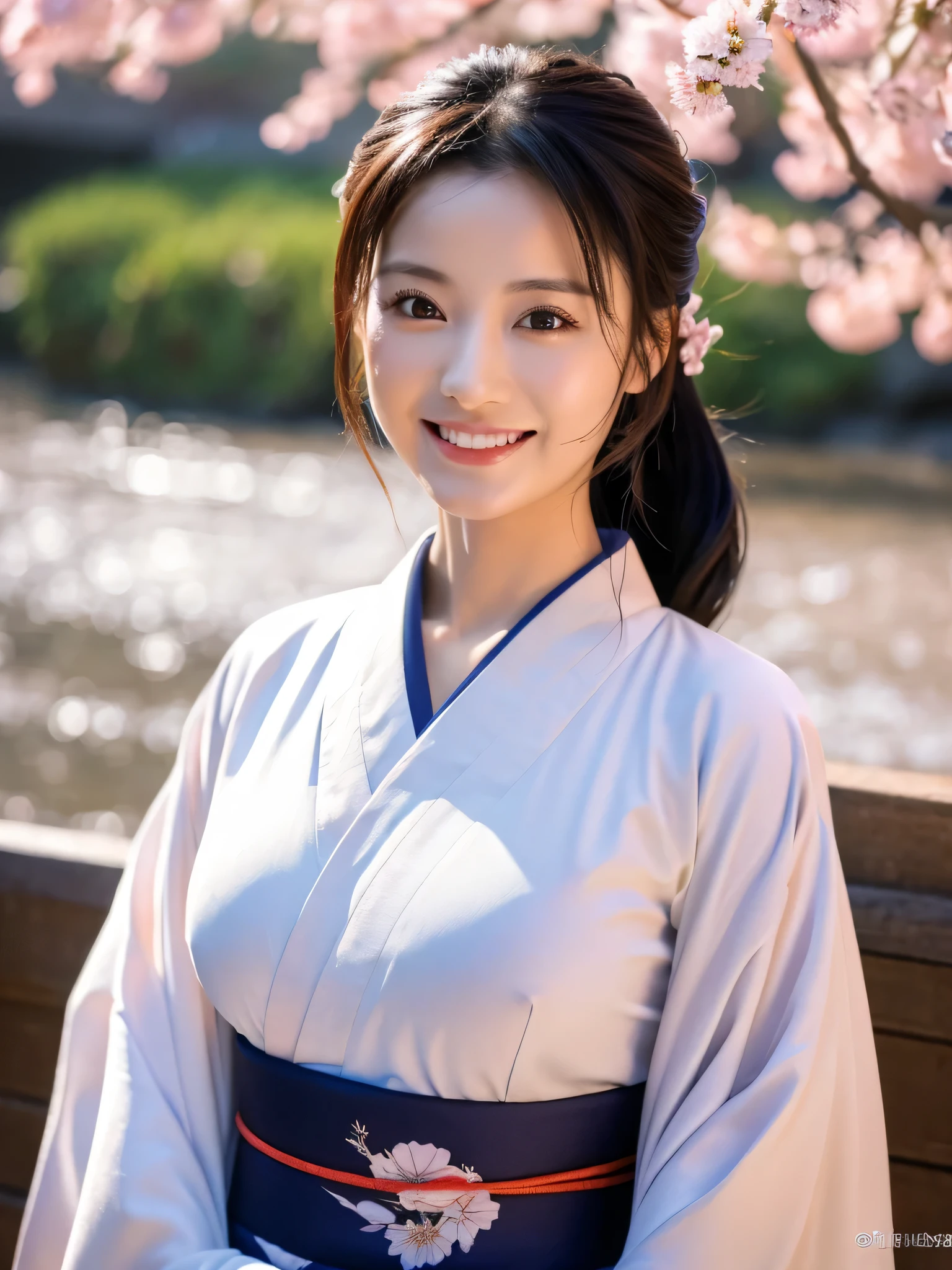 (Super beautiful woman in kimono)、((highest quality、8K masterpiece:1.3))、sharp focus:1.2、(super beautiful face:1.0)、(shiny skin:1.0)、realistic pictures、black hair、video lighting、High resolution eyes and face、video lighting、japanese actress、from the front、big breasts、with a happy smile、Slender abs beauty、whole body、wearing a kimono、in Kyoto、luxury obi