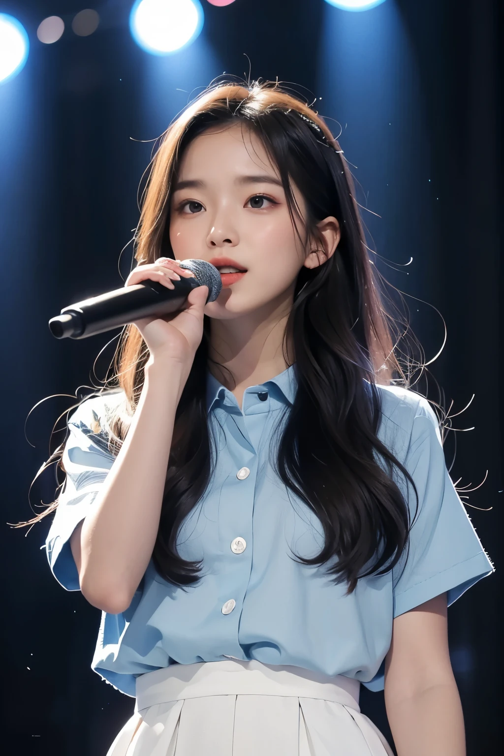 masterpiece, best quality, 8 thousand, 24 years old, photo beast, absurd, award-winning portraits, pure, korean beauty, spring, stage with electronic display, laces, cute, right, healthy, Beloved, perfect hands, A girl singing while holding a microphone in one hand, fluttering hair, Random Actions, 무작위 clothes, (clothes:random color),
